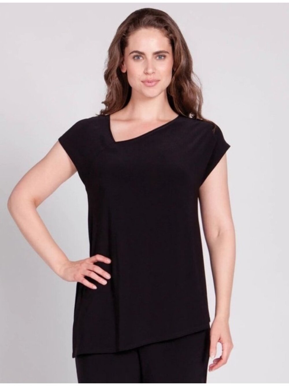 Sympli Slant Top Cap Sleeve in black Size 6 Black Slinky Travel Stretch